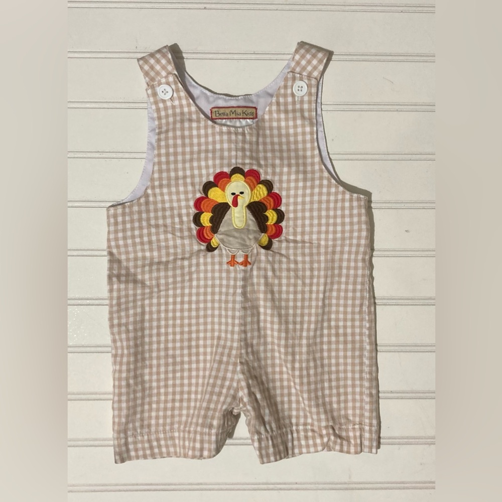 Bella Mia Kids Tan & White Plaid Jumper Turkey Thanksgiving 6 Months 100% Cotton